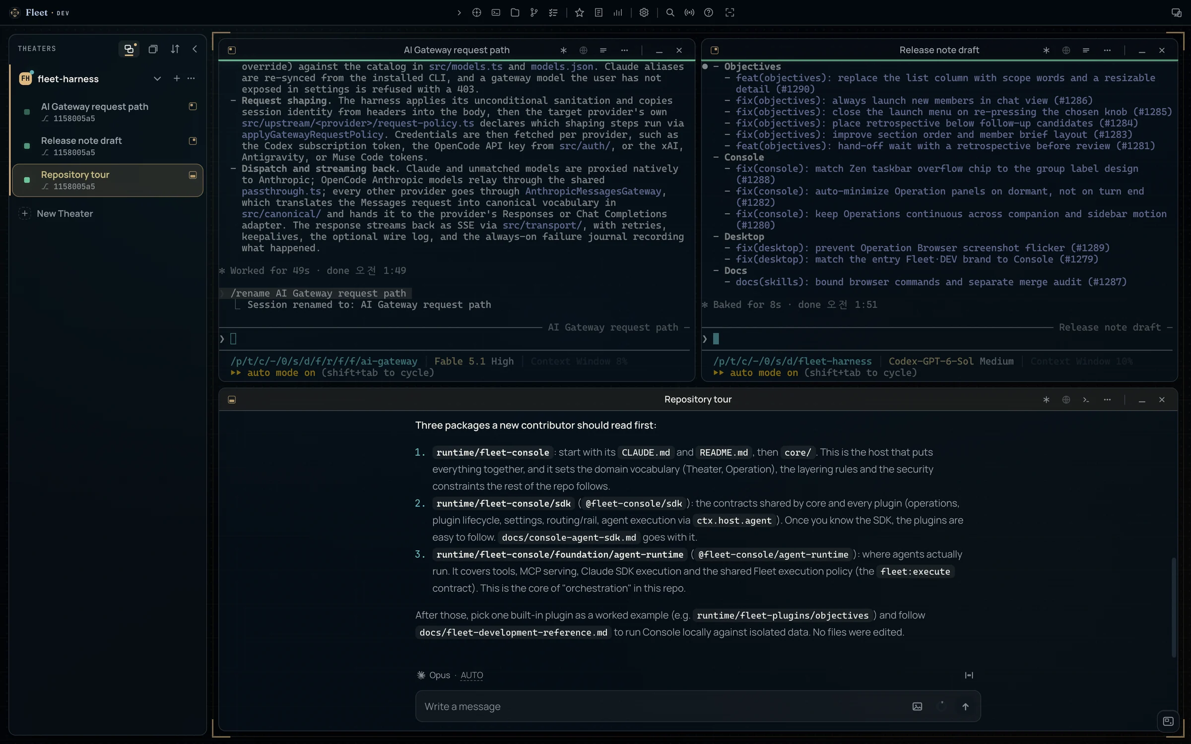 Fleet Console with three live Operations in one Theater: Claude Fable and Codex GPT-6-Sol in terminal view, Claude Opus in chat view