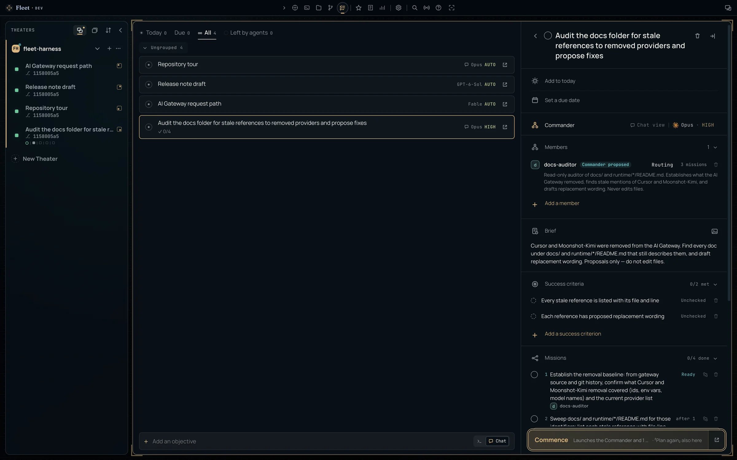 An objective in planning: brief, two success criteria, a Commander-proposed docs-auditor member, and the first missions, with Commence ready