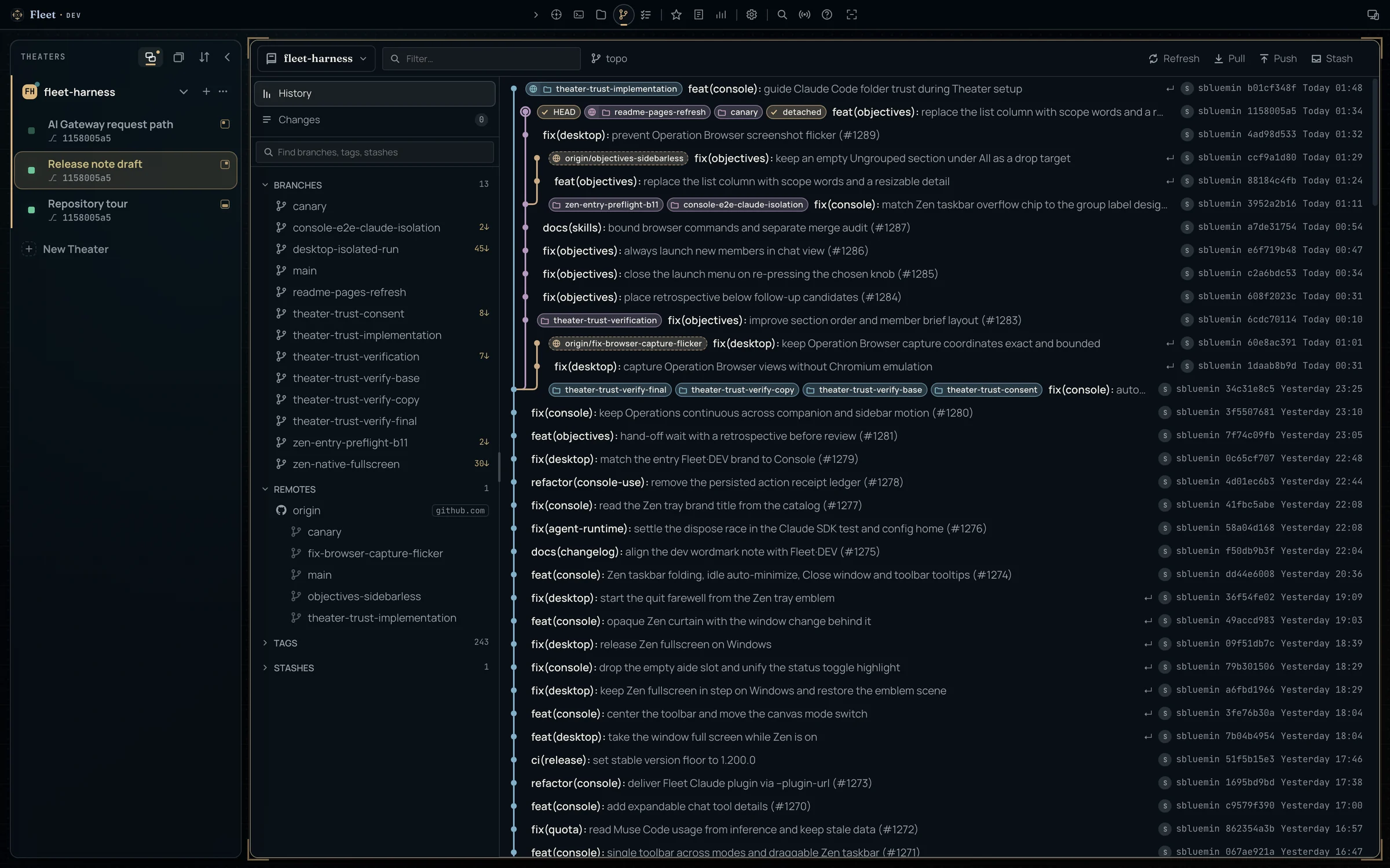 The Repository tool: branches, remotes, tags and stashes beside a commit graph of this repository