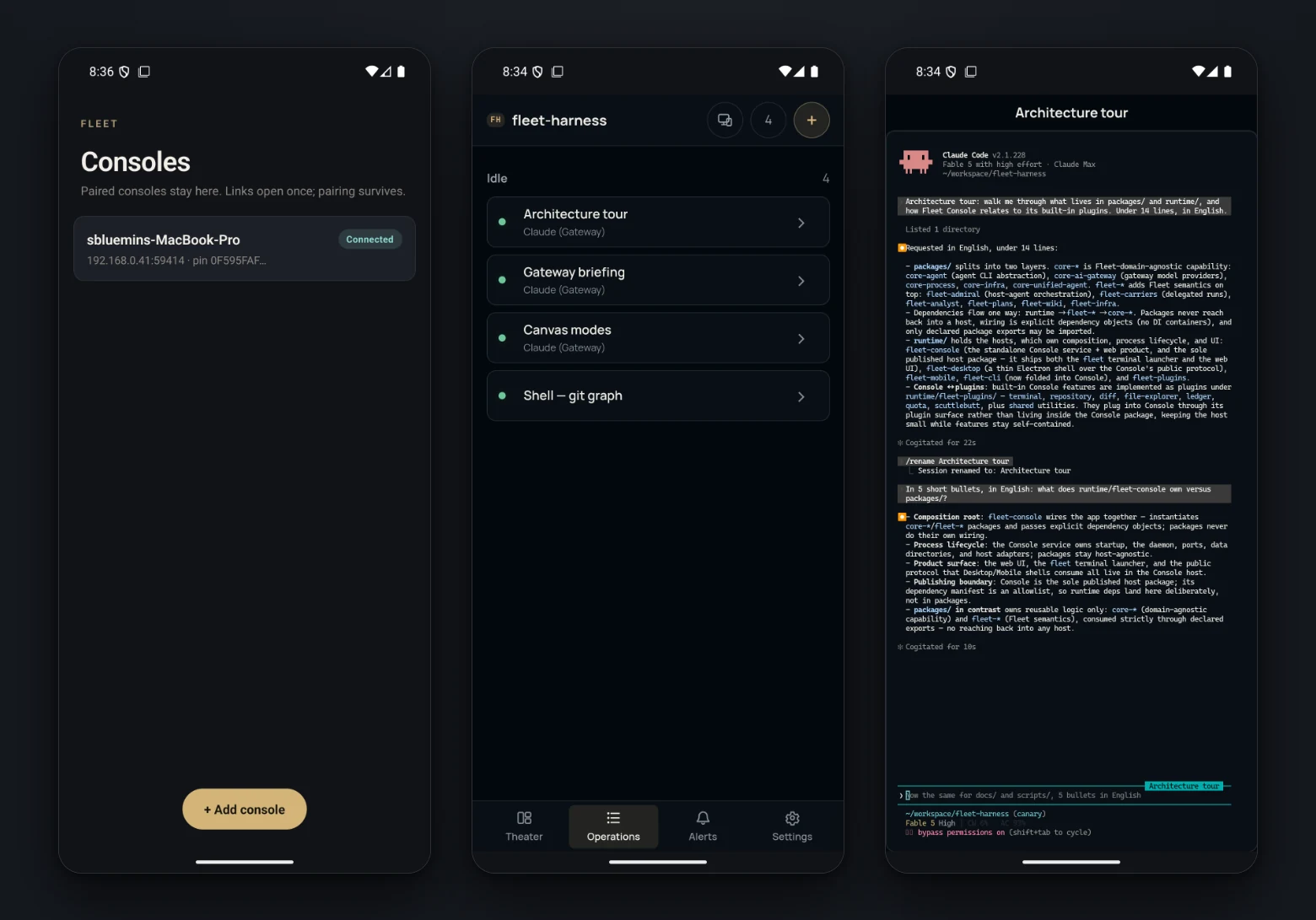 Fleet on Android: paired consoles, the Operations list, and a Claude Code session running on the phone